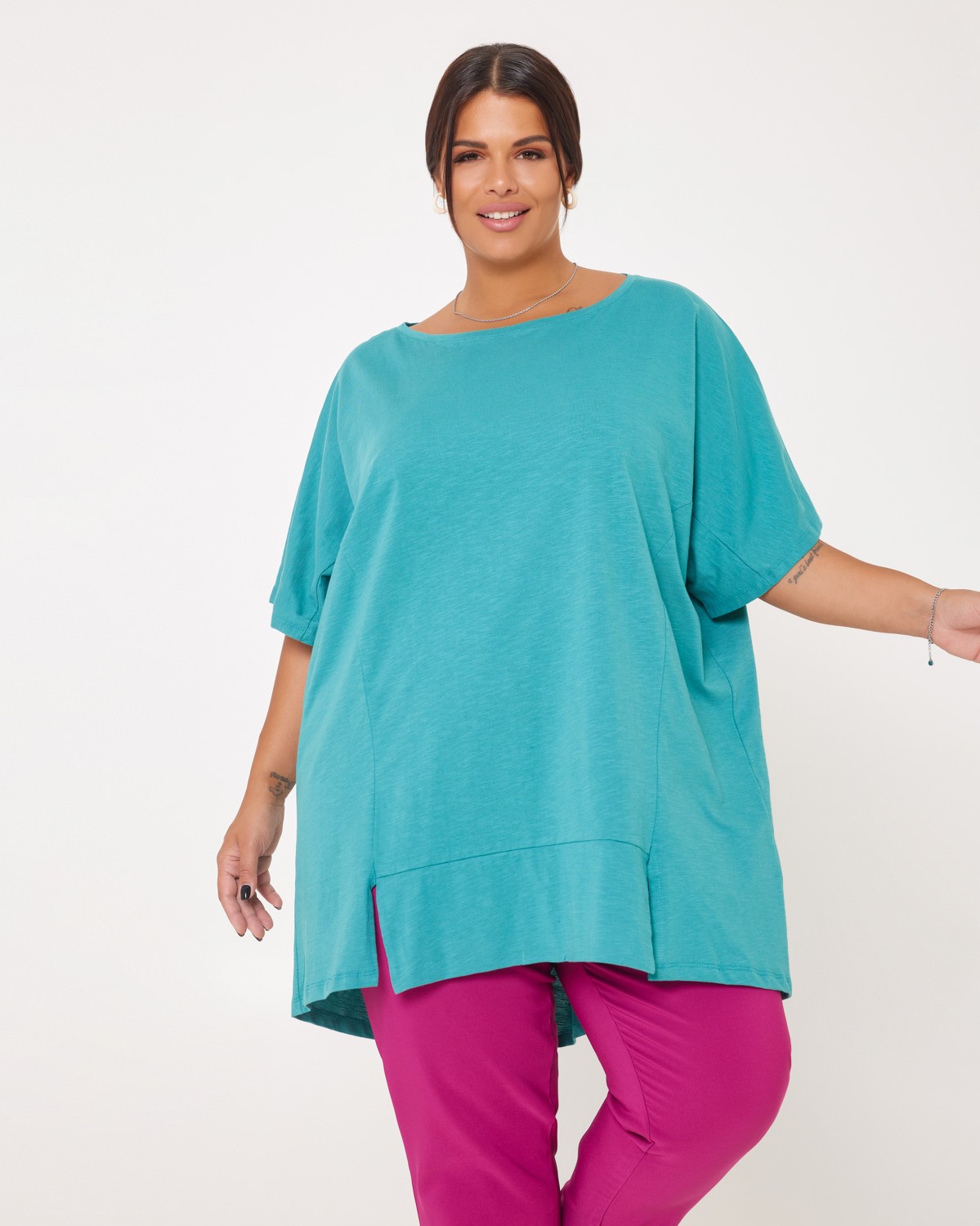 Τ-Shirt Oversized Με Σούρα Πίσω Τιρκουάζ